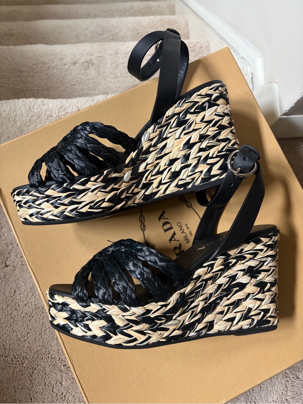 Prada Black Braided Leather & Woven Raffia Platform Wedge Sandals - Picture 4 of 12